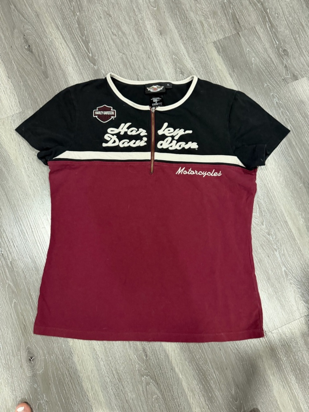 Harley-Davidson Black & Burgundy Zip-Front Script Tee